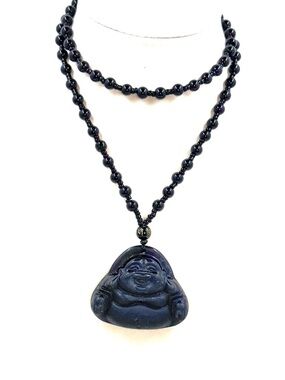 Black Hand Carved Glass Buddha Pendant & 26” Beaded & Hand Knotted Necklace